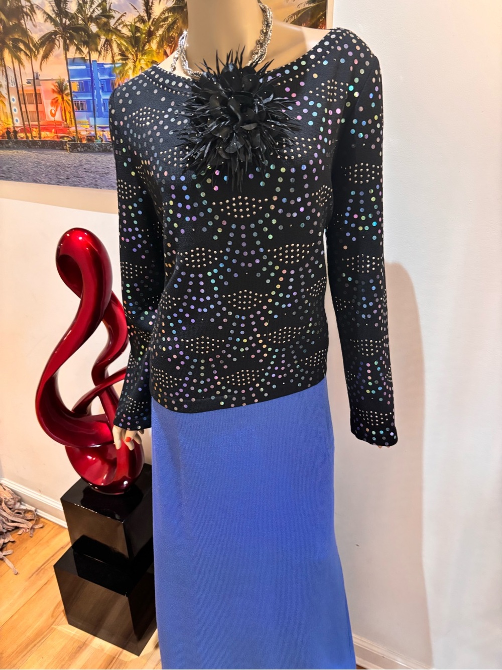St. John Black Multicolor sequins paillettes skirt set outfit 12 L shimmer